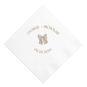 Tie your wedding details together with the Striped Bow Nuptials Napkin, featuring the couple's names and event date, accented by a hand-drawn striped bow graphic. A perfect blend of whimsy and elegance for your special day.