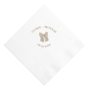 Tie your wedding details together with the Striped Bow Nuptials Napkin, featuring the couple's names and event date, accented by a hand-drawn striped bow graphic. A perfect blend of whimsy and elegance for your special day.