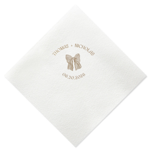 Tie your wedding details together with the Striped Bow Nuptials Napkin, featuring the couple's names and event date, accented by a hand-drawn striped bow graphic. A perfect blend of whimsy and elegance for your special day.