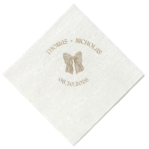Tie your wedding details together with the Striped Bow Nuptials Napkin, featuring the couple's names and event date, accented by a hand-drawn striped bow graphic. A perfect blend of whimsy and elegance for your special day.