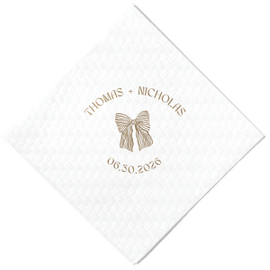 Tie your wedding details together with the Striped Bow Nuptials Napkin, featuring the couple's names and event date, accented by a hand-drawn striped bow graphic. A perfect blend of whimsy and elegance for your special day.