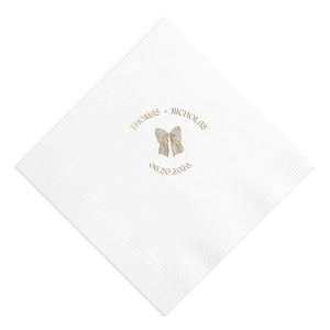 Tie your wedding details together with the Striped Bow Nuptials Napkin, featuring the couple's names and event date, accented by a hand-drawn striped bow graphic. A perfect blend of whimsy and elegance for your special day.