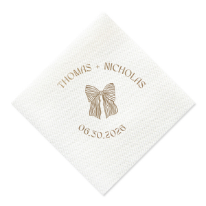 Tie your wedding details together with the Striped Bow Nuptials Napkin, featuring the couple's names and event date, accented by a hand-drawn striped bow graphic. A perfect blend of whimsy and elegance for your special day.