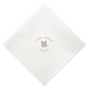 Tie your wedding details together with the Striped Bow Nuptials Napkin, featuring the couple's names and event date, accented by a hand-drawn striped bow graphic. A perfect blend of whimsy and elegance for your special day.