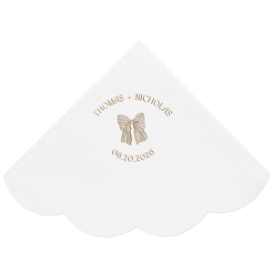 Tie your wedding details together with the Striped Bow Nuptials Napkin, featuring the couple's names and event date, accented by a hand-drawn striped bow graphic. A perfect blend of whimsy and elegance for your special day.