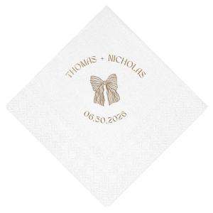 Tie your wedding details together with the Striped Bow Nuptials Napkin, featuring the couple's names and event date, accented by a hand-drawn striped bow graphic. A perfect blend of whimsy and elegance for your special day.
