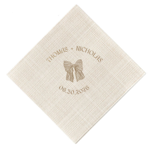 Tie your wedding details together with the Striped Bow Nuptials Napkin, featuring the couple's names and event date, accented by a hand-drawn striped bow graphic. A perfect blend of whimsy and elegance for your special day.