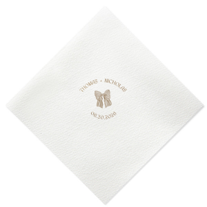 Tie your wedding details together with the Striped Bow Nuptials Napkin, featuring the couple's names and event date, accented by a hand-drawn striped bow graphic. A perfect blend of whimsy and elegance for your special day.