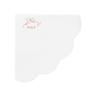 Embrace the essence of your wedding day with the Loopy Love Bow Napkin, customized with the couple's initials and adorned with a unique loopy bow graphic. A playful yet elegant touch for your matrimonial celebration.