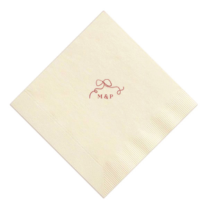 Embrace the essence of your wedding day with the Loopy Love Bow Napkin, customized with the couple's initials and adorned with a unique loopy bow graphic. A playful yet elegant touch for your matrimonial celebration.