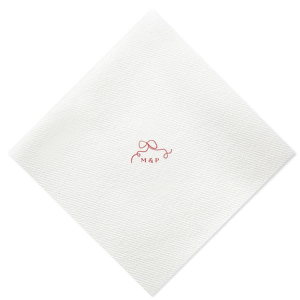 Embrace the essence of your wedding day with the Loopy Love Bow Napkin, customized with the couple's initials and adorned with a unique loopy bow graphic. A playful yet elegant touch for your matrimonial celebration.