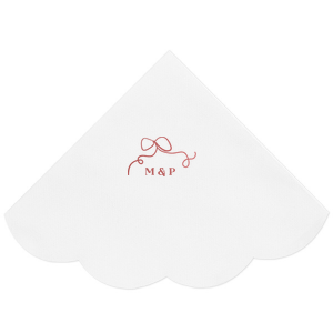 Embrace the essence of your wedding day with the Loopy Love Bow Napkin, customized with the couple's initials and adorned with a unique loopy bow graphic. A playful yet elegant touch for your matrimonial celebration.