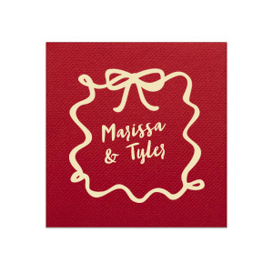 Frame your celebration with the Bows and Vows Frame Napkin, featuring the couple's names encased in an elegant bow and ribbon frame. A beautiful addition to any wedding, engagement party, or anniversary gathering.