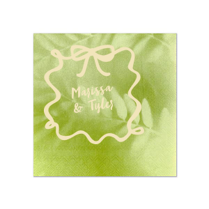 Frame your celebration with the Bows and Vows Frame Napkin, featuring the couple's names encased in an elegant bow and ribbon frame. A beautiful addition to any wedding, engagement party, or anniversary gathering.