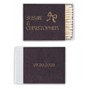 Ignite a lifetime of memories with the Modern Names and Date Bow Matchbox, personalized with the couple's names and the date of your event, complemented by a hand-drawn bow graphic. A charming keepsake for weddings, engagement parties, or anniversaries.