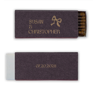 Ignite a lifetime of memories with the Modern Names and Date Bow Matchbox, personalized with the couple's names and the date of your event, complemented by a hand-drawn bow graphic. A charming keepsake for weddings, engagement parties, or anniversaries.
