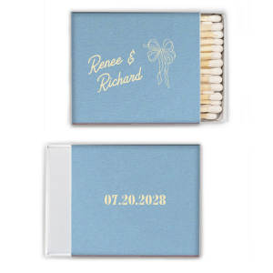 Celebrate your union with the Nuptial Grace Bow Matchbook, personalized with the couple's name in a modern script. The beautifully flowing bow graphic adds an element of elegance and movement, perfect for your sophisticated wedding day.