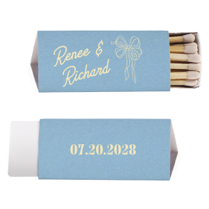 Celebrate your union with the Nuptial Grace Bow Matchbook, personalized with the couple's name in a modern script. The beautifully flowing bow graphic adds an element of elegance and movement, perfect for your sophisticated wedding day.