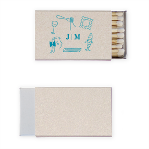 Celebrate your love and shared tastes with the Culinary Love Doodle Matchbook, featuring your initials in a minimalist serif font, encircled by contemporary line doodles of a wine glass, fish, pasta shapes, and more. A playful yet elegant keepsake for your wedding guests.