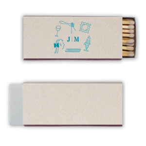 Celebrate your love and shared tastes with the Culinary Love Doodle Matchbook, featuring your initials in a minimalist serif font, encircled by contemporary line doodles of a wine glass, fish, pasta shapes, and more. A playful yet elegant keepsake for your wedding guests.