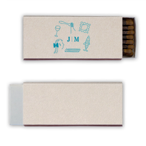 Celebrate your love and shared tastes with the Culinary Love Doodle Matchbook, featuring your initials in a minimalist serif font, encircled by contemporary line doodles of a wine glass, fish, pasta shapes, and more. A playful yet elegant keepsake for your wedding guests.