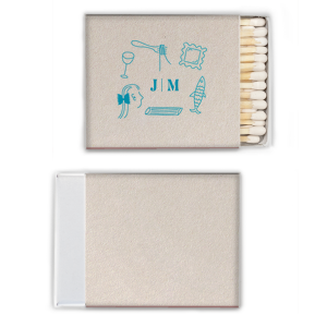 Celebrate your love and shared tastes with the Culinary Love Doodle Matchbook, featuring your initials in a minimalist serif font, encircled by contemporary line doodles of a wine glass, fish, pasta shapes, and more. A playful yet elegant keepsake for your wedding guests.