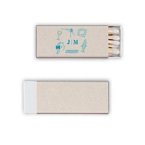 Celebrate your love and shared tastes with the Culinary Love Doodle Matchbook, featuring your initials in a minimalist serif font, encircled by contemporary line doodles of a wine glass, fish, pasta shapes, and more. A playful yet elegant keepsake for your wedding guests.
