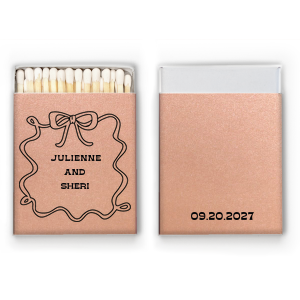 Illuminate your special occasion with the Bows and Vows Frame Matchbook, elegantly presenting the couple's names surrounded by a sophisticated bow and ribbon frame. A stunning keepsake for weddings, engagement parties, or anniversaries.