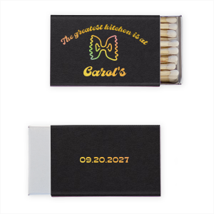 Add a dash of fun flair to your kitchen or housewarming with the Culinary Charm Bowtie Pasta Matchbook, featuring the playful declaration "the greatest kitchen is at" above your name, all in a vintage-inspired font, and completed with a whimsical bowtie pasta graphic.