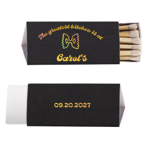 Add a dash of fun flair to your kitchen or housewarming with the Culinary Charm Bowtie Pasta Matchbook, featuring the playful declaration "the greatest kitchen is at" above your name, all in a vintage-inspired font, and completed with a whimsical bowtie pasta graphic.