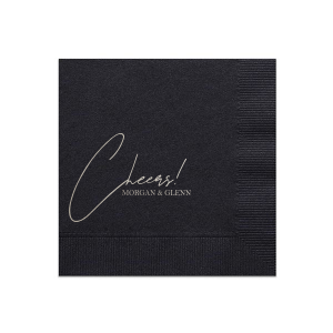 Raise a glass with the Toast of Elegance Napkin, featuring the celebratory exclamation "Cheers!" in an exquisite script atop two conjoined names, set in a classic serif font. This design embodies sophistication, perfect for toasting to love and life's great moments.