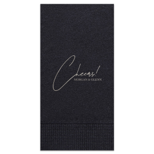 Raise a glass with the Toast of Elegance Napkin, featuring the celebratory exclamation "Cheers!" in an exquisite script atop two conjoined names, set in a classic serif font. This design embodies sophistication, perfect for toasting to love and life's great moments.