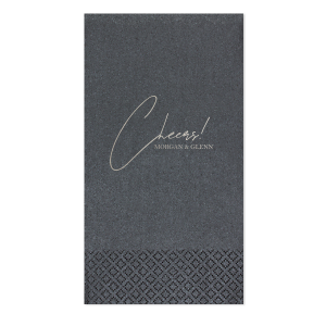 Raise a glass with the Toast of Elegance Napkin, featuring the celebratory exclamation "Cheers!" in an exquisite script atop two conjoined names, set in a classic serif font. This design embodies sophistication, perfect for toasting to love and life's great moments.