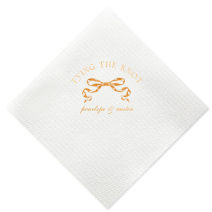 Commemorate your union with the Tying the Knot Romance Napkin, featuring the phrase "tying the knot" gracefully placed above a romantic bow graphic, with the couple's names tenderly inscribed below. An idyllic expression of love for your wedding day.
