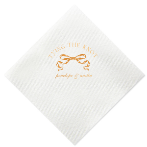 Commemorate your union with the Tying the Knot Romance Napkin, featuring the phrase "tying the knot" gracefully placed above a romantic bow graphic, with the couple's names tenderly inscribed below. An idyllic expression of love for your wedding day.