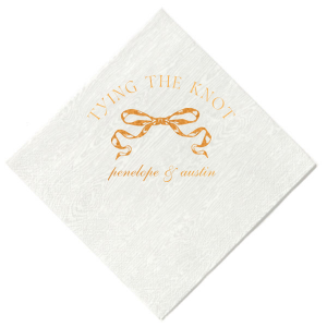 Commemorate your union with the Tying the Knot Romance Napkin, featuring the phrase "tying the knot" gracefully placed above a romantic bow graphic, with the couple's names tenderly inscribed below. An idyllic expression of love for your wedding day.