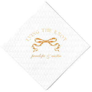 Commemorate your union with the Tying the Knot Romance Napkin, featuring the phrase "tying the knot" gracefully placed above a romantic bow graphic, with the couple's names tenderly inscribed below. An idyllic expression of love for your wedding day.