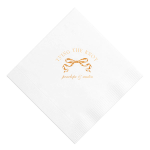 Commemorate your union with the Tying the Knot Romance Napkin, featuring the phrase "tying the knot" gracefully placed above a romantic bow graphic, with the couple's names tenderly inscribed below. An idyllic expression of love for your wedding day.