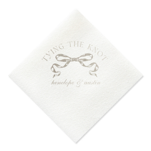 Commemorate your union with the Tying the Knot Romance Napkin, featuring the phrase "tying the knot" gracefully placed above a romantic bow graphic, with the couple's names tenderly inscribed below. An idyllic expression of love for your wedding day.