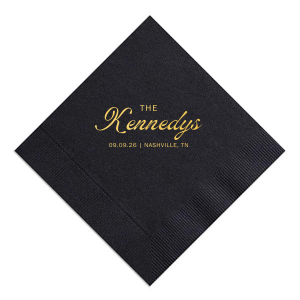 Accentuate your wedding tables with the Bold Script Surname Wedding Napkin, featuring the couple's last name prominently in the center in a contemporary script, with the event date and location gracefully detailed in a classic serif font below. A sophisticated touch for your special day.