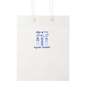 Celebrate scholarly success with the Tossed Graduation Caps Bag, customized with the graduate's name and the commemorative year, adorned with a modern line-drawn graphic of jubilant arms tossing their caps skyward. A stylish graduation bag for any graduation celebration.