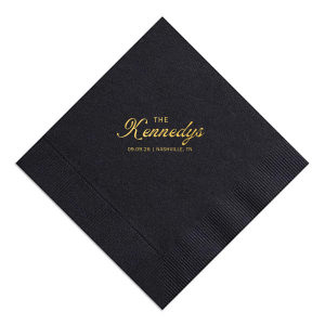 Accentuate your wedding tables with the Bold Script Surname Wedding Napkin, featuring the couple's last name prominently in the center in a contemporary script, with the event date and location gracefully detailed in a classic serif font below. A sophisticated touch for your special day.