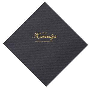 Accentuate your wedding tables with the Bold Script Surname Wedding Napkin, featuring the couple's last name prominently in the center in a contemporary script, with the event date and location gracefully detailed in a classic serif font below. A sophisticated touch for your special day.