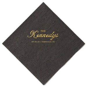 Accentuate your wedding tables with the Bold Script Surname Wedding Napkin, featuring the couple's last name prominently in the center in a contemporary script, with the event date and location gracefully detailed in a classic serif font below. A sophisticated touch for your special day.