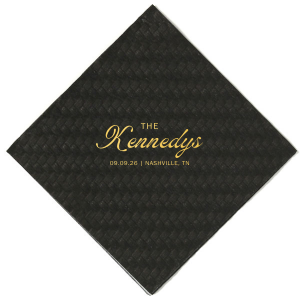 Accentuate your wedding tables with the Bold Script Surname Wedding Napkin, featuring the couple's last name prominently in the center in a contemporary script, with the event date and location gracefully detailed in a classic serif font below. A sophisticated touch for your special day.