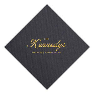 Accentuate your wedding tables with the Bold Script Surname Wedding Napkin, featuring the couple's last name prominently in the center in a contemporary script, with the event date and location gracefully detailed in a classic serif font below. A sophisticated touch for your special day.
