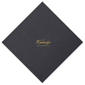 Accentuate your wedding tables with the Bold Script Surname Wedding Napkin, featuring the couple's last name prominently in the center in a contemporary script, with the event date and location gracefully detailed in a classic serif font below. A sophisticated touch for your special day.