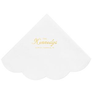 Accentuate your wedding tables with the Bold Script Surname Wedding Napkin, featuring the couple's last name prominently in the center in a contemporary script, with the event date and location gracefully detailed in a classic serif font below. A sophisticated touch for your special day.