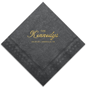 Accentuate your wedding tables with the Bold Script Surname Wedding Napkin, featuring the couple's last name prominently in the center in a contemporary script, with the event date and location gracefully detailed in a classic serif font below. A sophisticated touch for your special day.