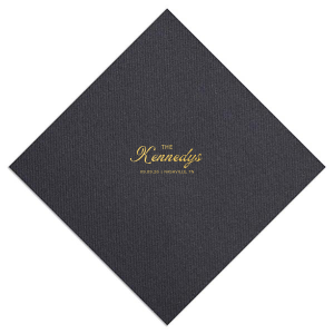 Accentuate your wedding tables with the Bold Script Surname Wedding Napkin, featuring the couple's last name prominently in the center in a contemporary script, with the event date and location gracefully detailed in a classic serif font below. A sophisticated touch for your special day.